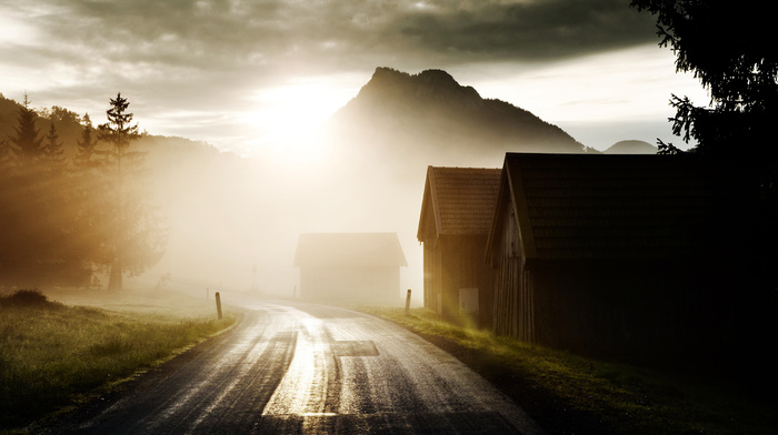 light, nature, houses, road, Sun