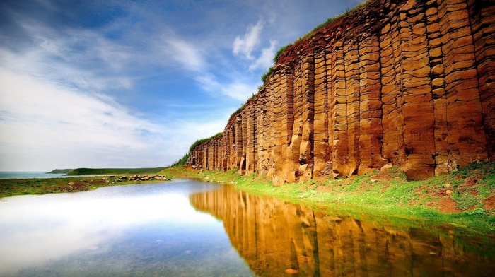 lake, wall, sea, water, hill, nature