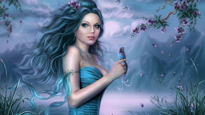 girl, fantasy, tree, flowers, pond, bird, lake, art