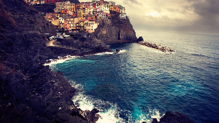 landscape, rocks, cities, sea, Italy, houses