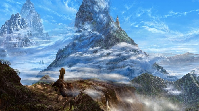 clouds, art, mountain, fantasy, rocks