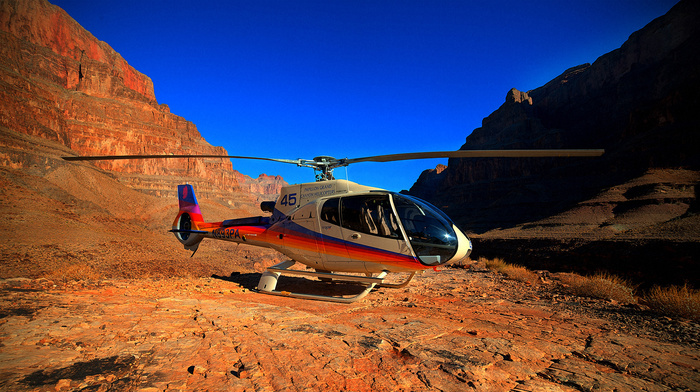 canyon, aircraft, helicopter, sky, mountain