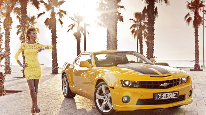 camaro, girl, Chevrolet, cars, palm trees