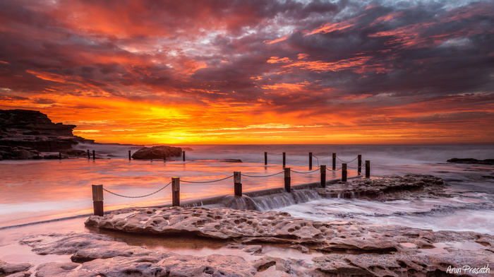 nature, sky, pier, sunset, stones, sea