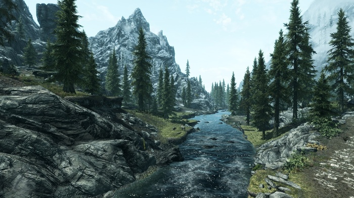 the elder scrolls v skyrim, trees, river, landscape, mountain, video games