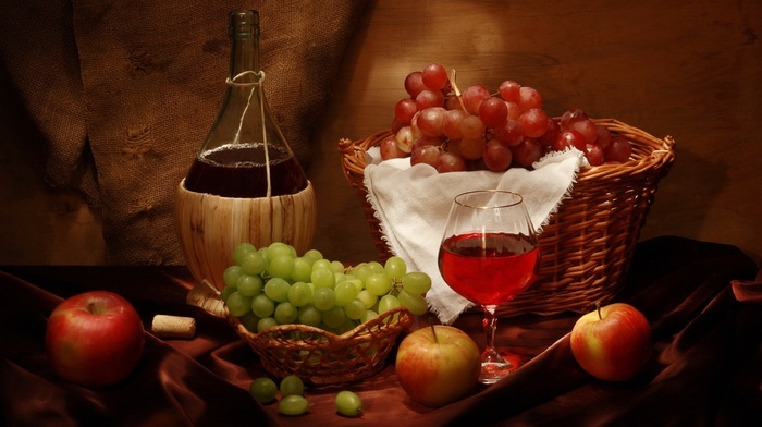bottle, delicious, grapes, wine, wineglass, basket, apples