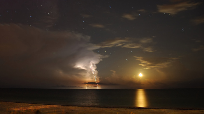 nature, sea, lightning, stars