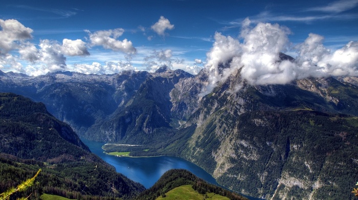 river, nature, clouds, sky, trees, mountain