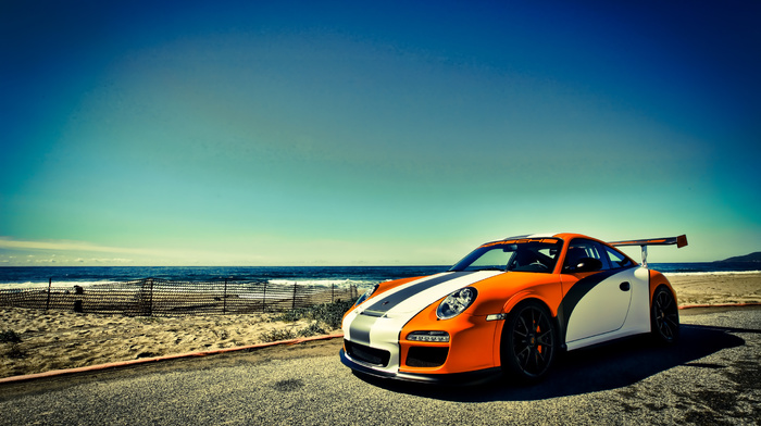 cars, orange, sea, Porsche, sky