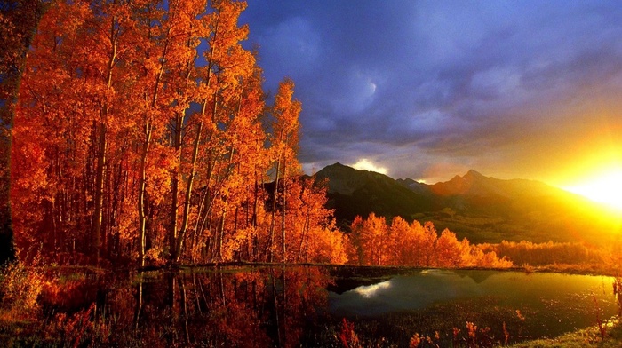 Sun, mountain, nature, trees, lake, reflection, sunrise, autumn