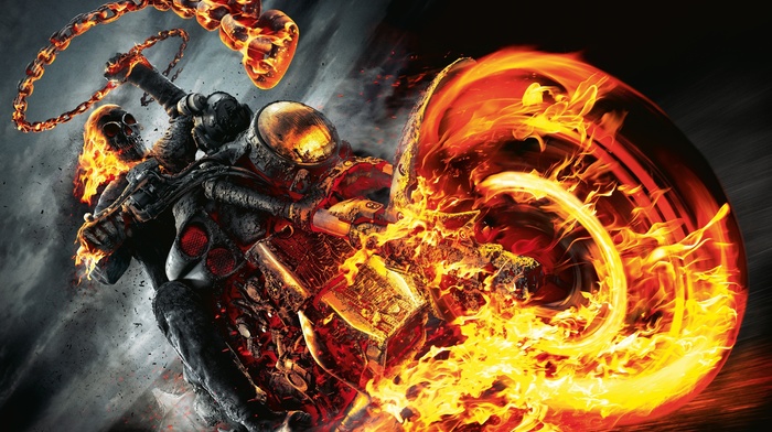 motorcycle, fire, movies, skull