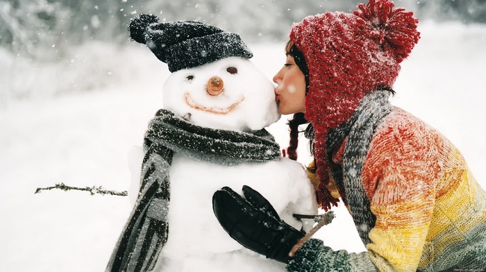 snow, snowman, girl, winter