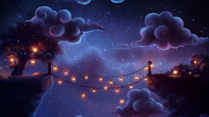 clouds, bridge, tree, art, night, 3D