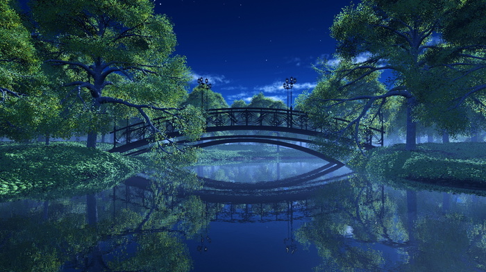 night, bridge, trees, river, 3D, park, landscape