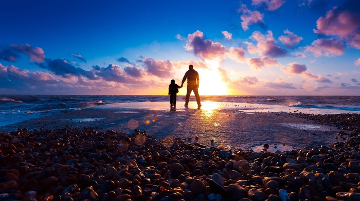 beach, sea, sunset, light, stones, coast, Sun, rays, stunner
