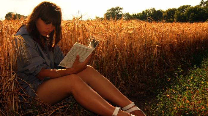 nature, book, haired, field, girls