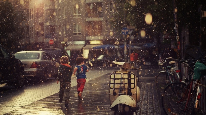 rain, street, children, houses
