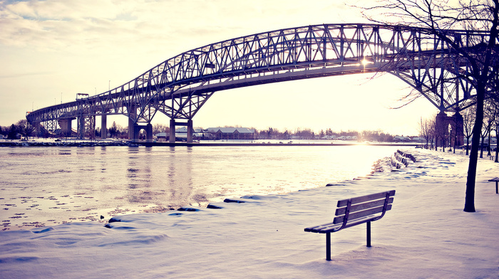 river, snow, bridge, cities, winter