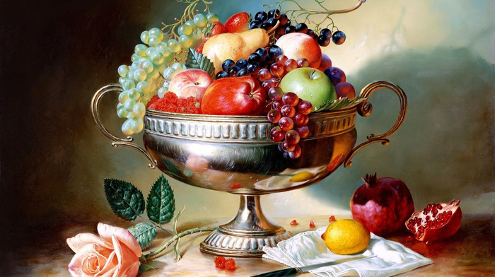 fruits, grapes, vase, delicious, apples