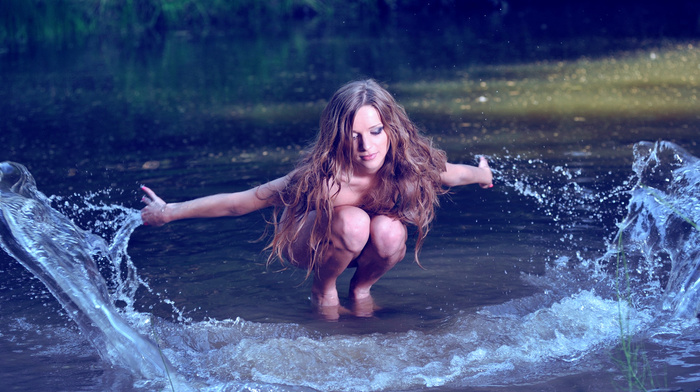 water, river, splash, girls, girl, hair