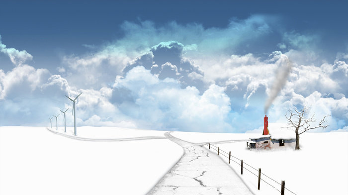 road, winter, snow, house, clouds