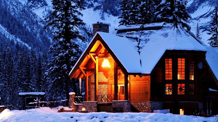 winter, house, nature, snow, lodge, night, light