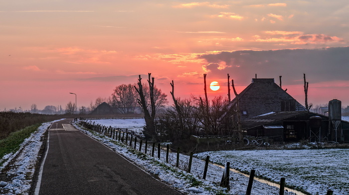 road, house, sunset, winter