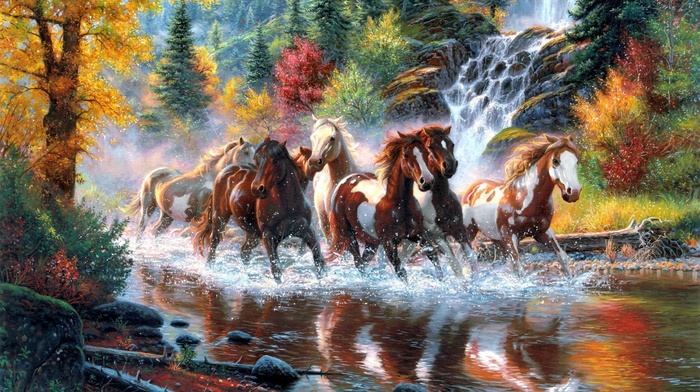 horses, autumn, animals, waterfall, river, forest
