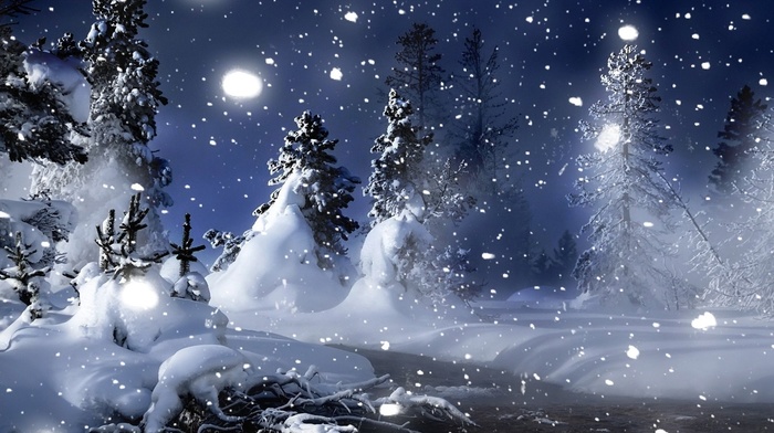 night, snow, winter, Christmas tree, river, trees