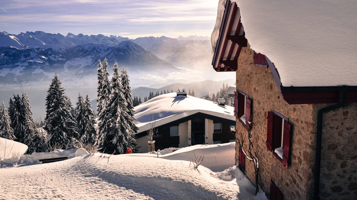 mountain, winter, houses