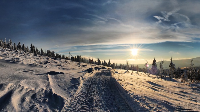 road, snow, Sun, winter, field