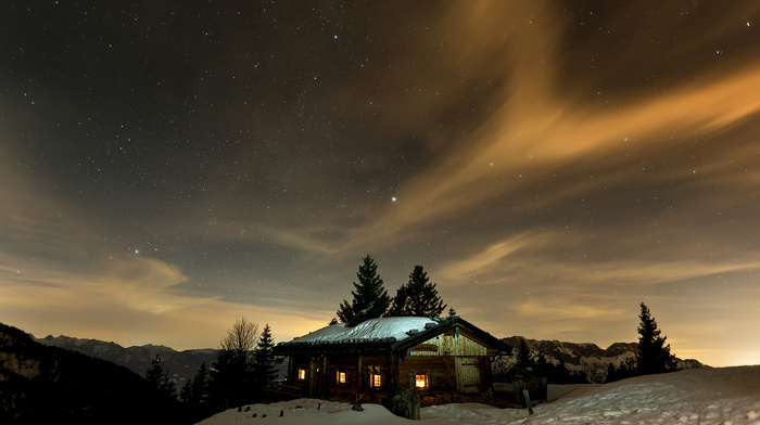 lodge, snow, mountain, lights, sky, winter, stars
