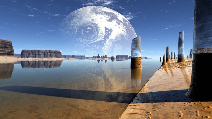 planet, reflection, water, lake, 3D, rocks