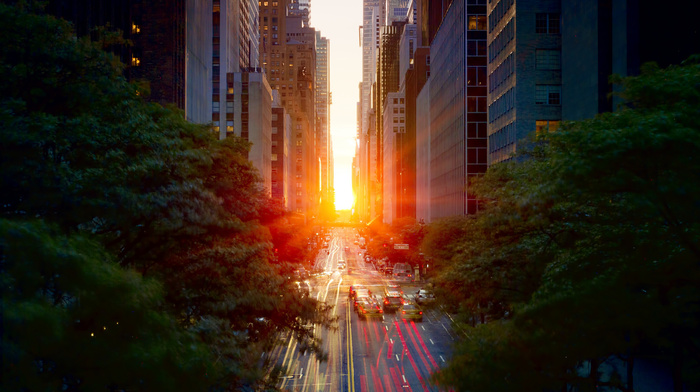 sunset, city, Sun, cities, road