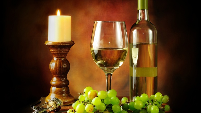 wine, grapes, bottle, wineglass, candle, delicious