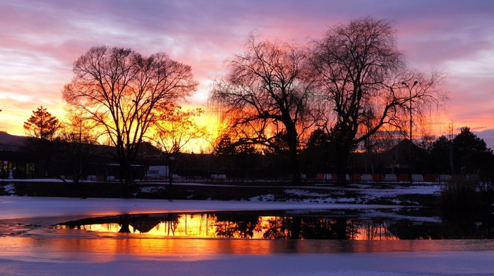 nature, sunset, ice, winter