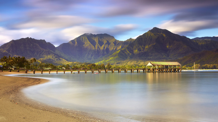 nature, palm trees, beach, pier, mountain, sky, sea