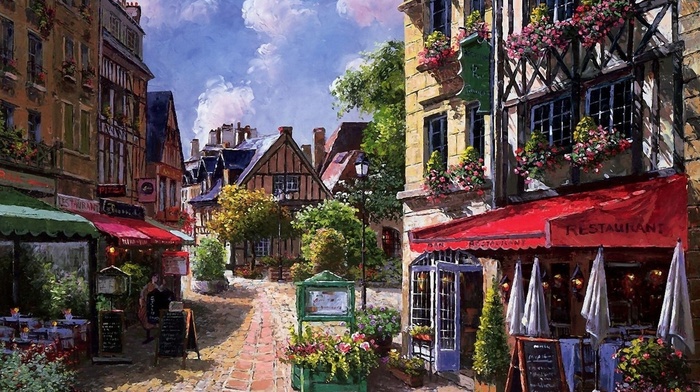 flowers, cities, painting, street, houses