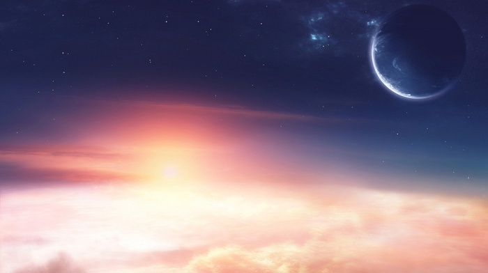 space, light, sunrise, planets, clouds, stars