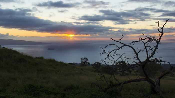 island, Hawaii, landscape, sunset, sea