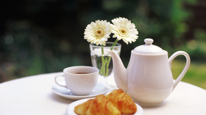 cup, vase, delicious, tea, flowers