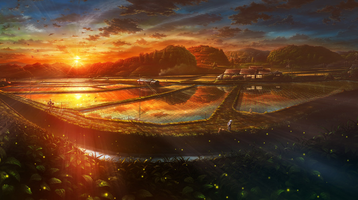 island, sunset, anime, beautiful
