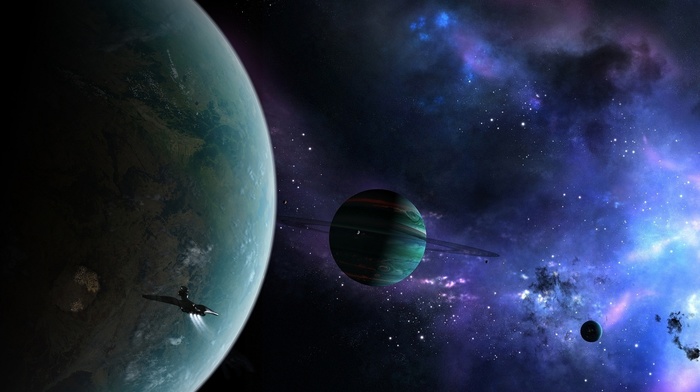 planets, rings, ship, nebula, space