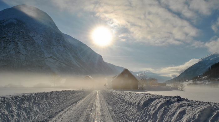 winter, road, landscape, morning