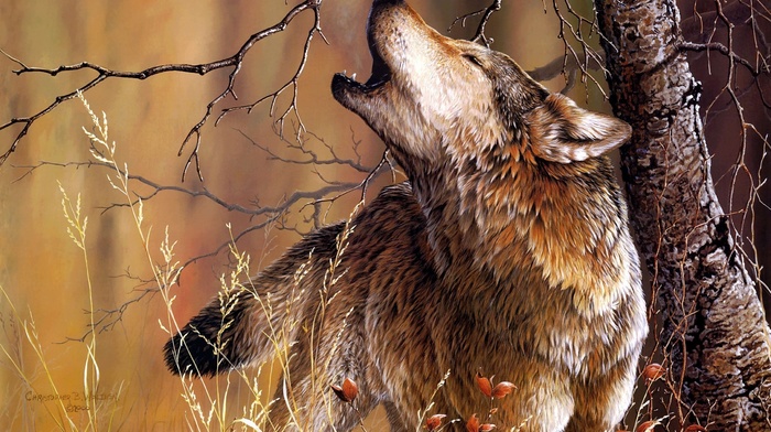 tree, wolf, art, animals