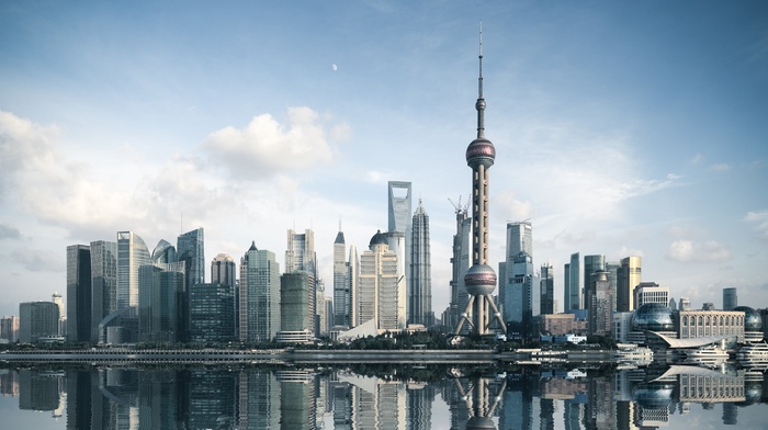 reversed, Shanghai, skyline, Oriental Pearl