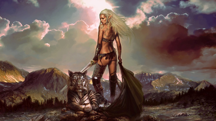 tiger, art, sword, fantasy, mountain, girl