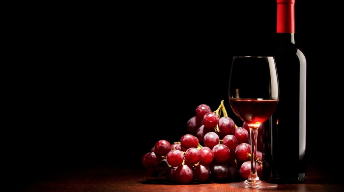 wineglass, grapes, bottle, delicious, wine, black background