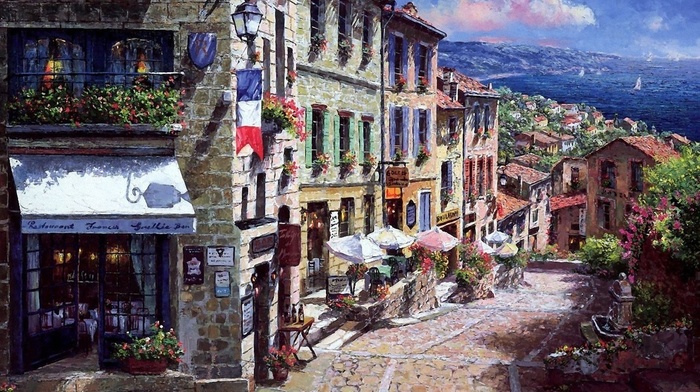 street, France, painting, town, sea, cities