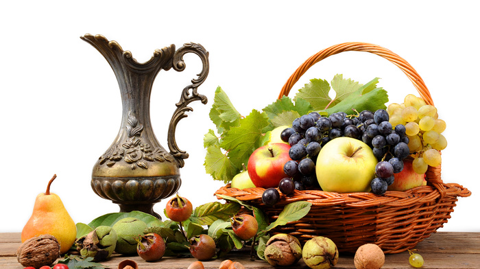 basket, delicious, grapes, apples, fruits